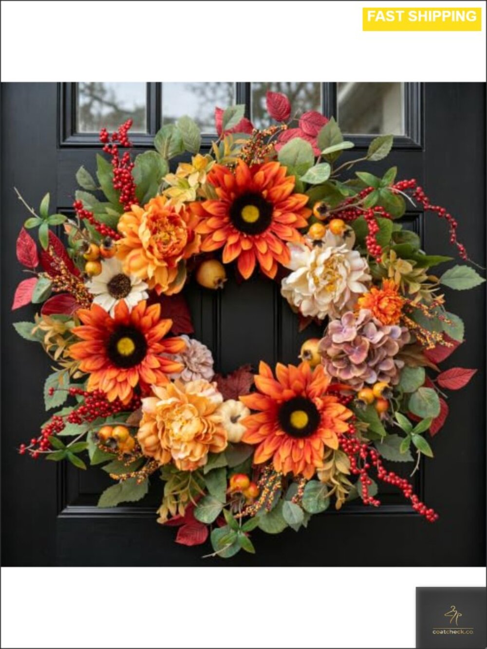 24 Inch Fall Harvest Wreath Sunflower Peony Hydrangea Front Door Decor
